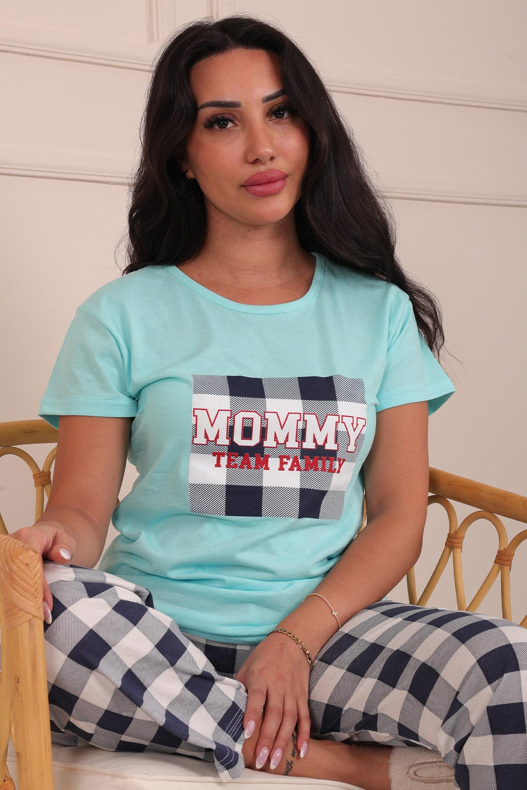 Kadın Mommy Sloganlı Bisiklet Yaka Kısa Kol Altı Uzun Penye Pijama Takımı Turkuaz