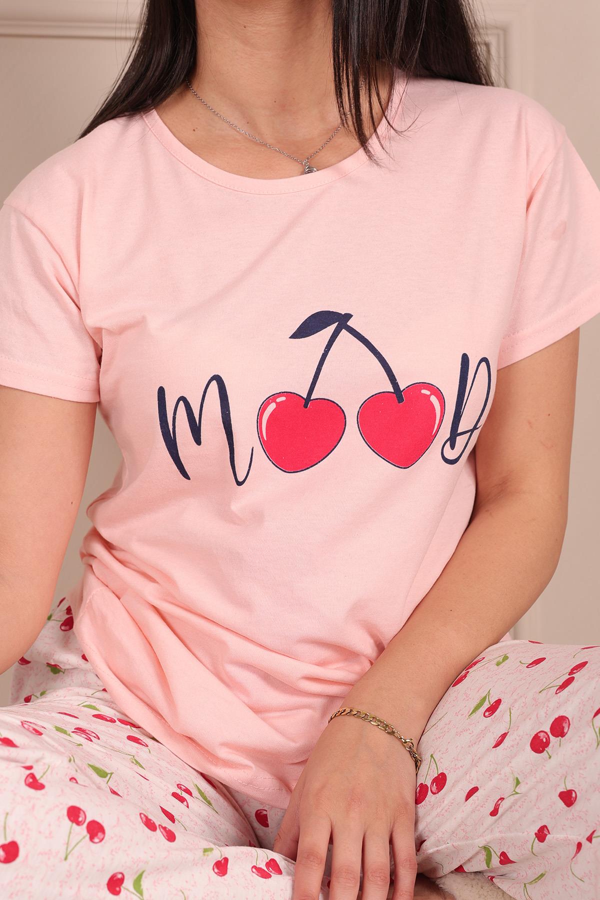 Kadın Mood Sloganlı Vişne Desenli Kısa Kol Pijama Takımı Pudra