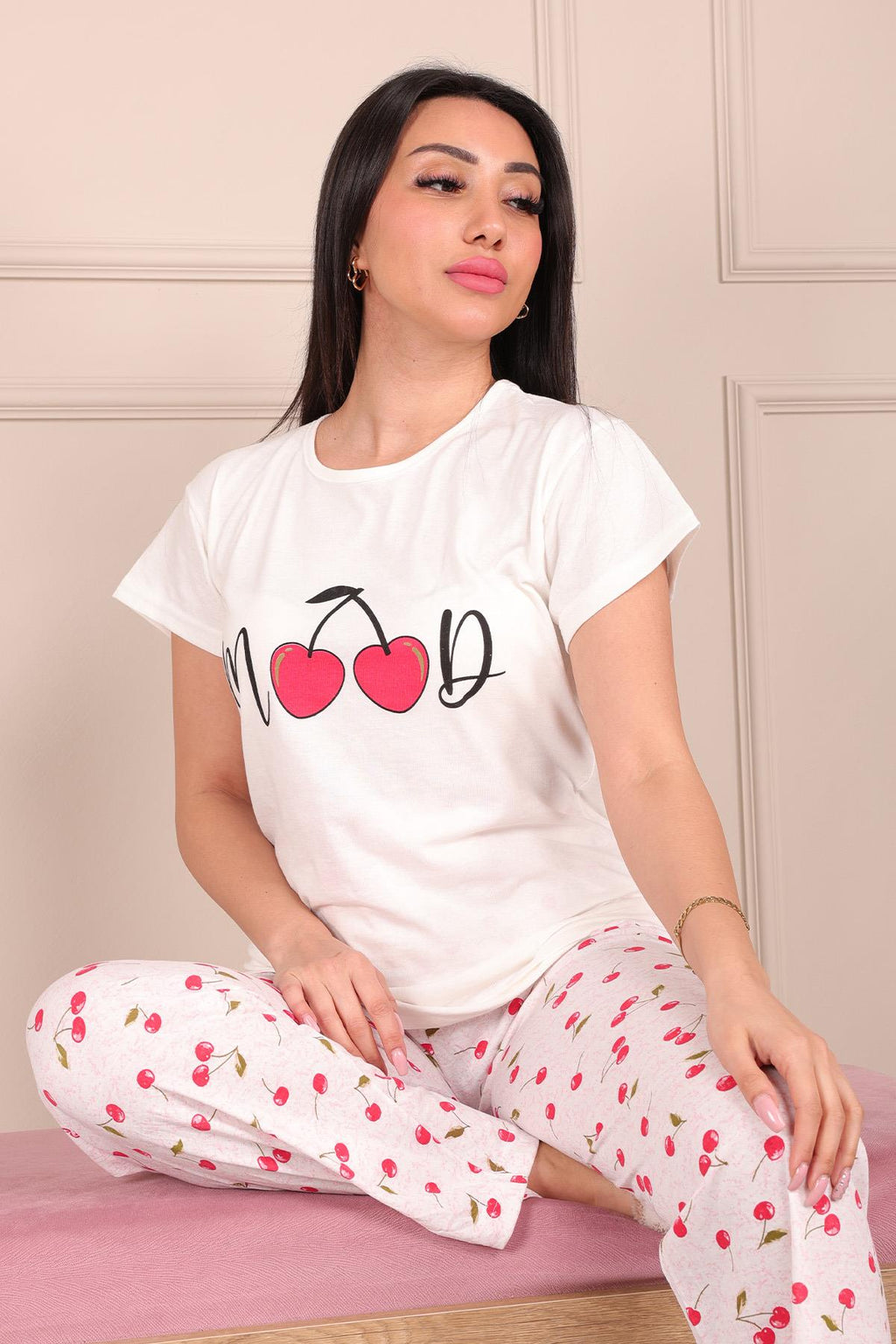 Kadın Mood Sloganlı Vişne Desenli Kısa Kol Pijama Takımı BEYAZ