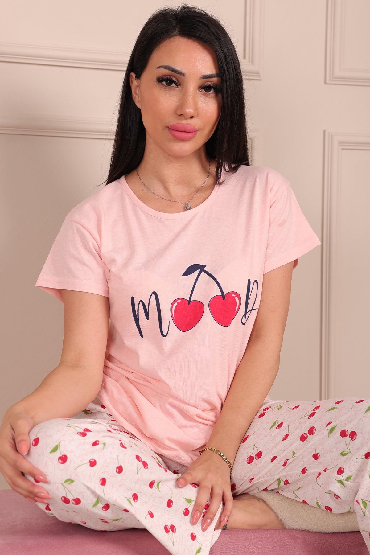 Kadın Mood Sloganlı Vişne Desenli Kısa Kol Pijama Takımı Pudra