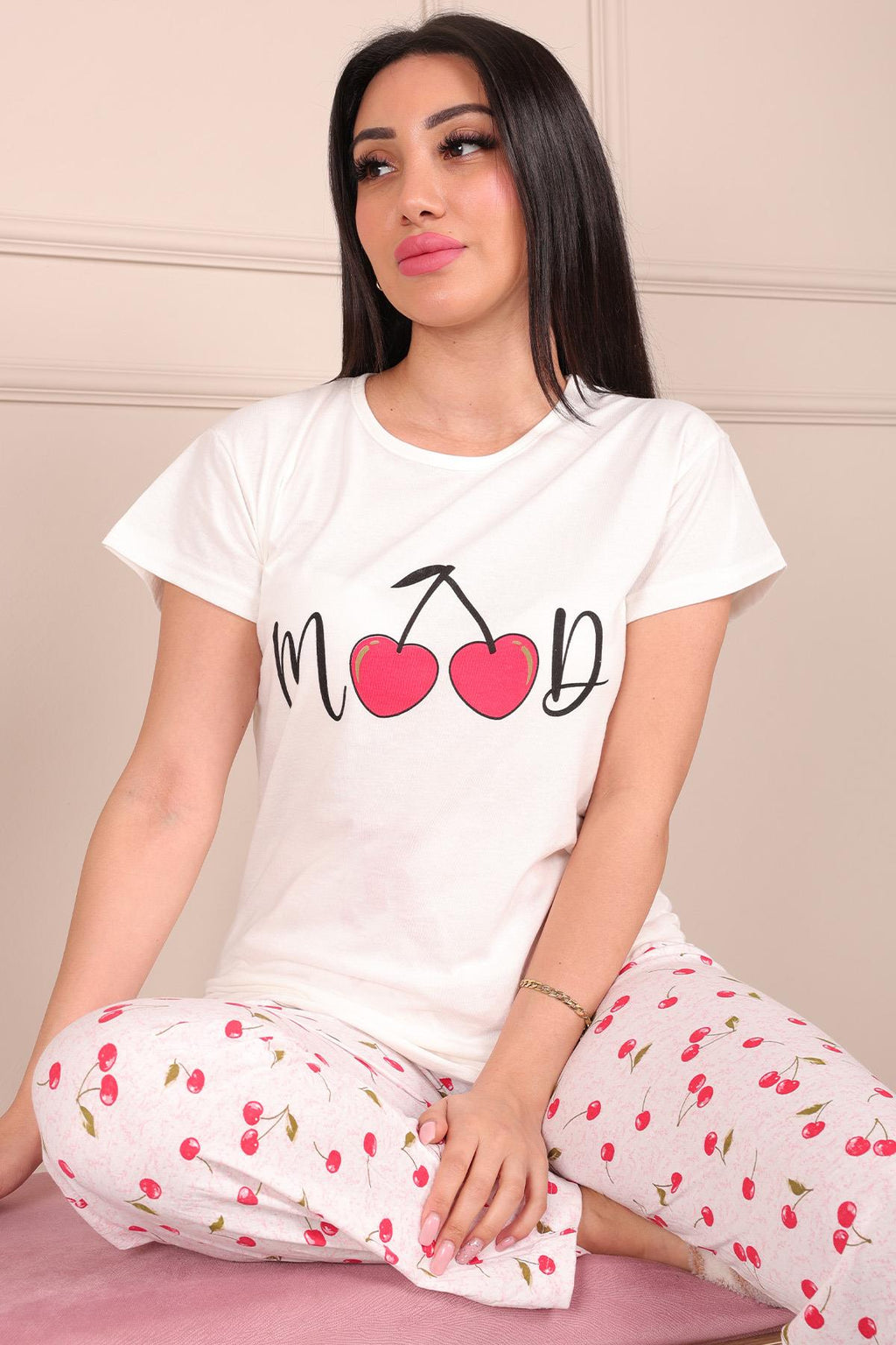 Kadın Mood Sloganlı Vişne Desenli Kısa Kol Pijama Takımı BEYAZ