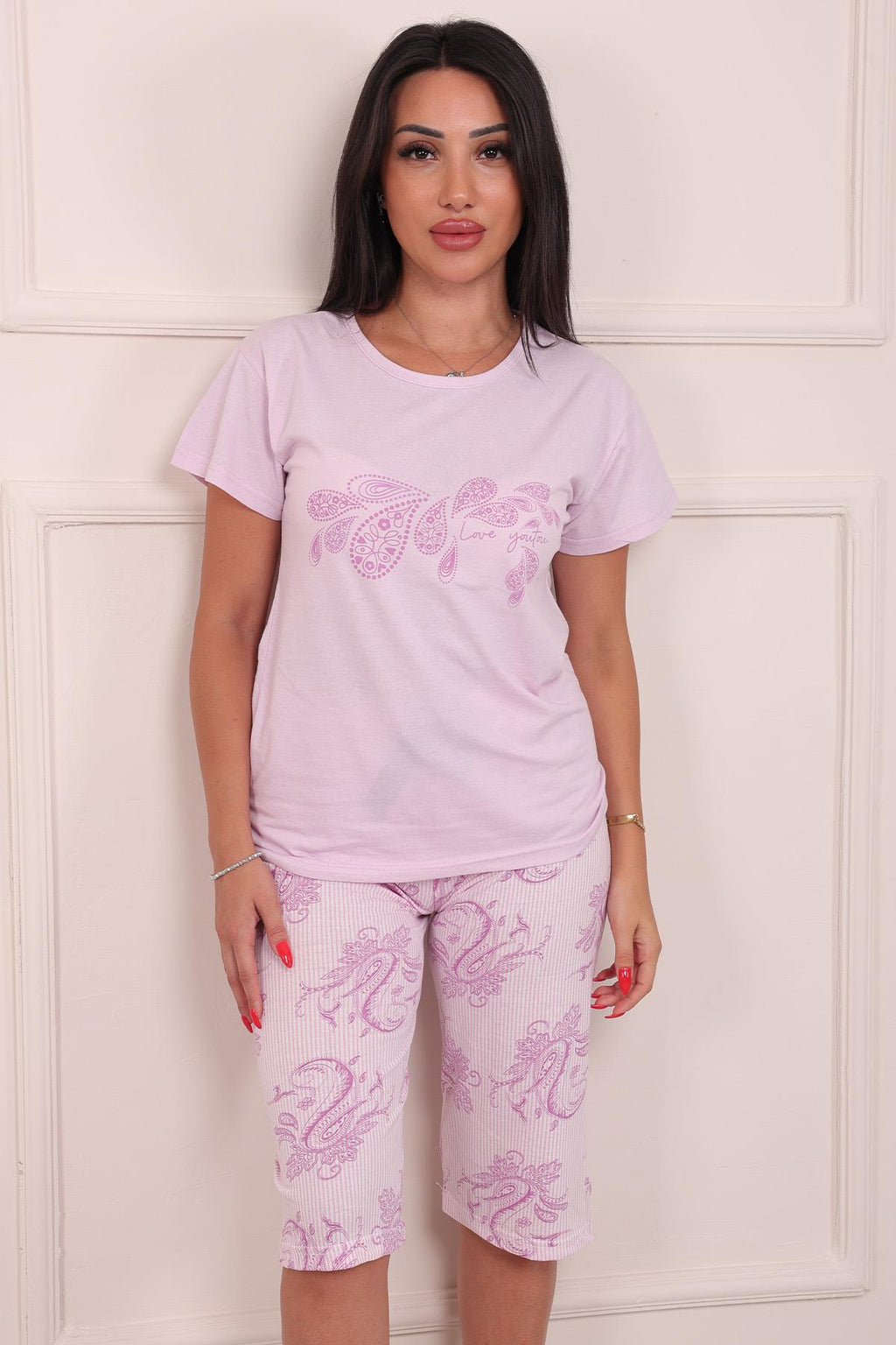 Kadın Motif Desenli Kısa Kol Altı Kapri Penye Pijama Takımı Lila