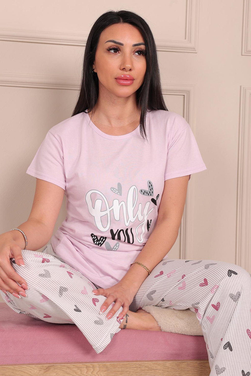 Kadın Only You Sloganlı Kısa Kol Penye Pijama Takımı Pudra