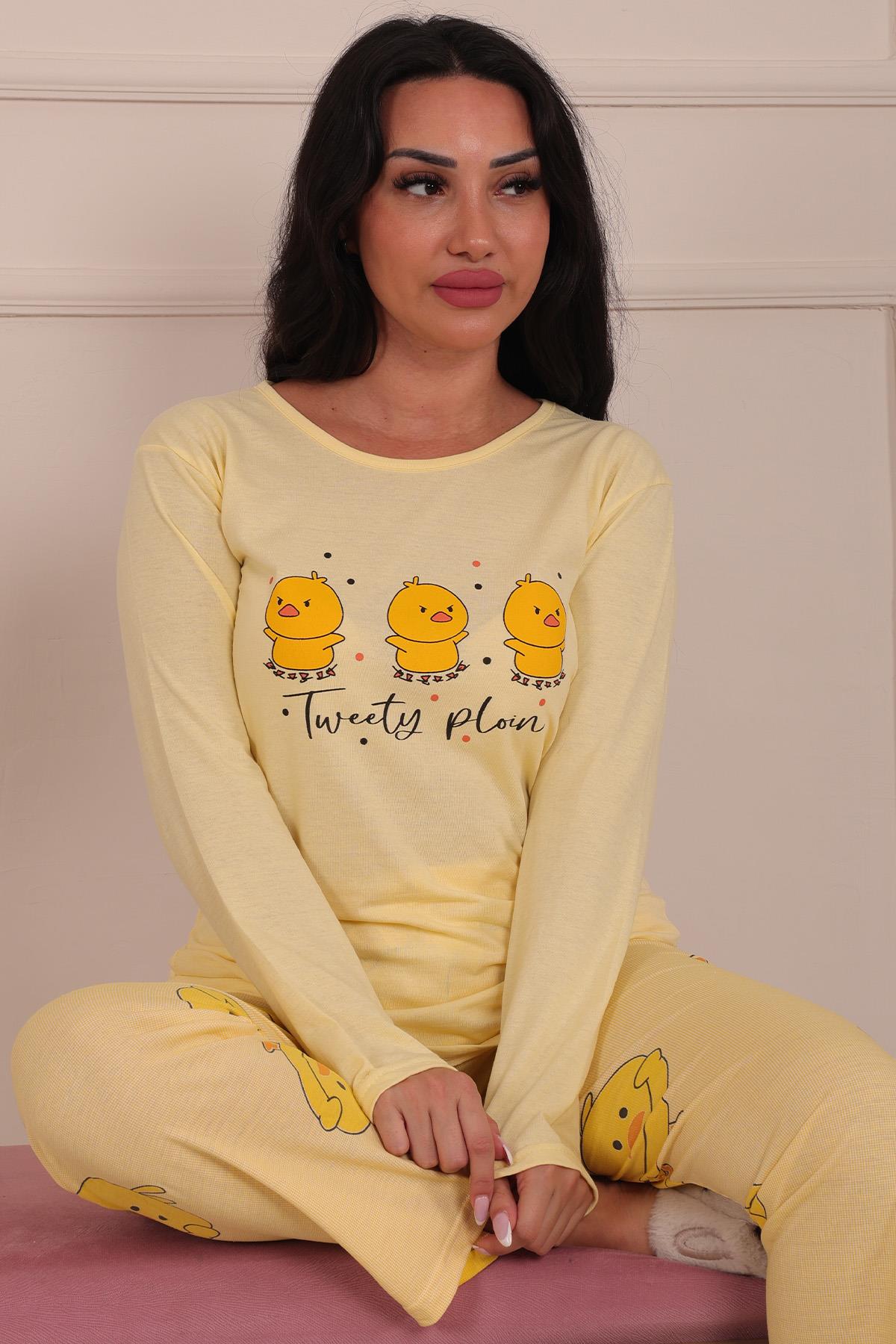 Kadın Ördek Yavursu Desenli Bisiklet Yaka Uzun Kol Altı Uzun Penye Pijama Takımı