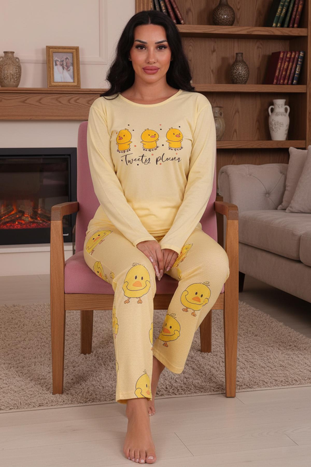 Kadın Ördek Yavursu Desenli Bisiklet Yaka Uzun Kol Altı Uzun Penye Pijama Takımı