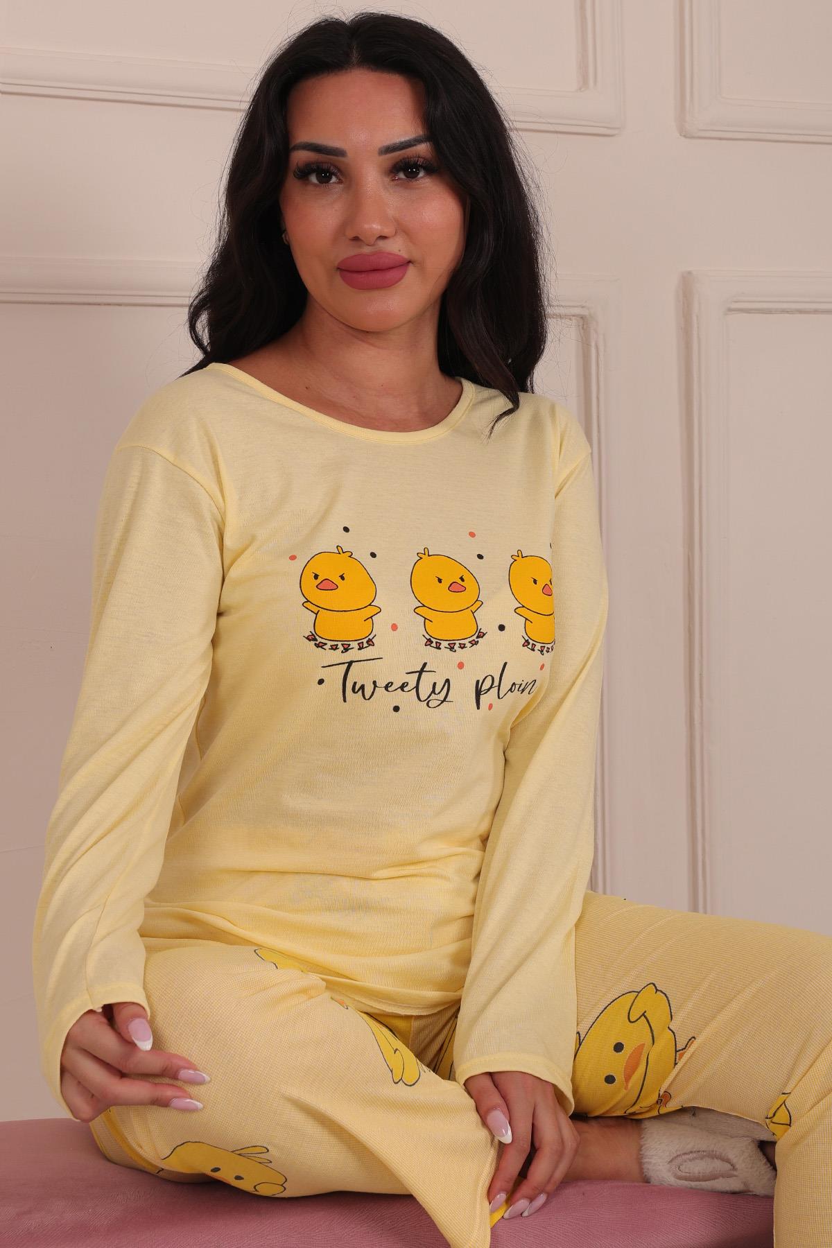 Kadın Ördek Yavursu Desenli Bisiklet Yaka Uzun Kol Altı Uzun Penye Pijama Takımı