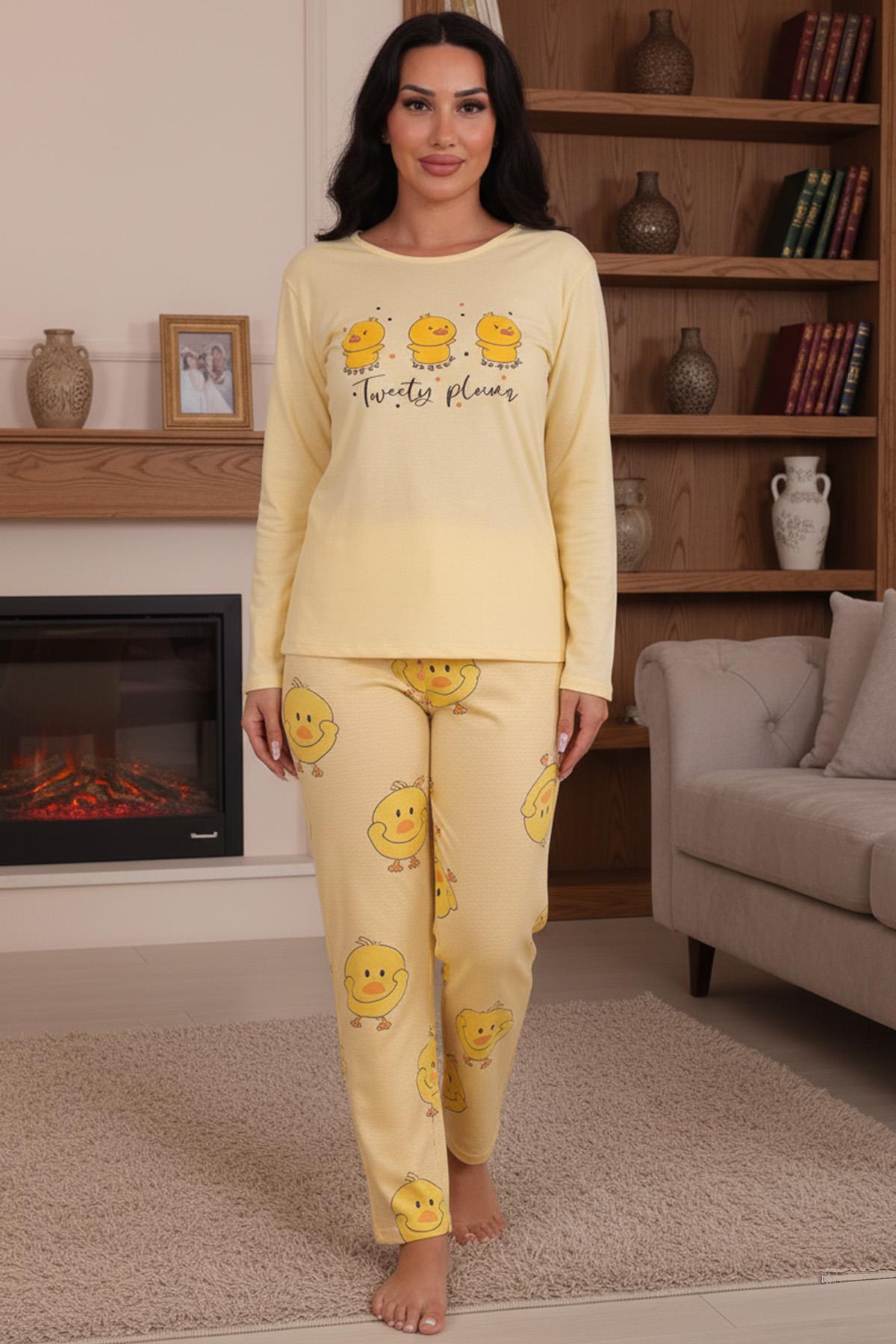 Kadın Ördek Yavursu Desenli Bisiklet Yaka Uzun Kol Altı Uzun Penye Pijama Takımı