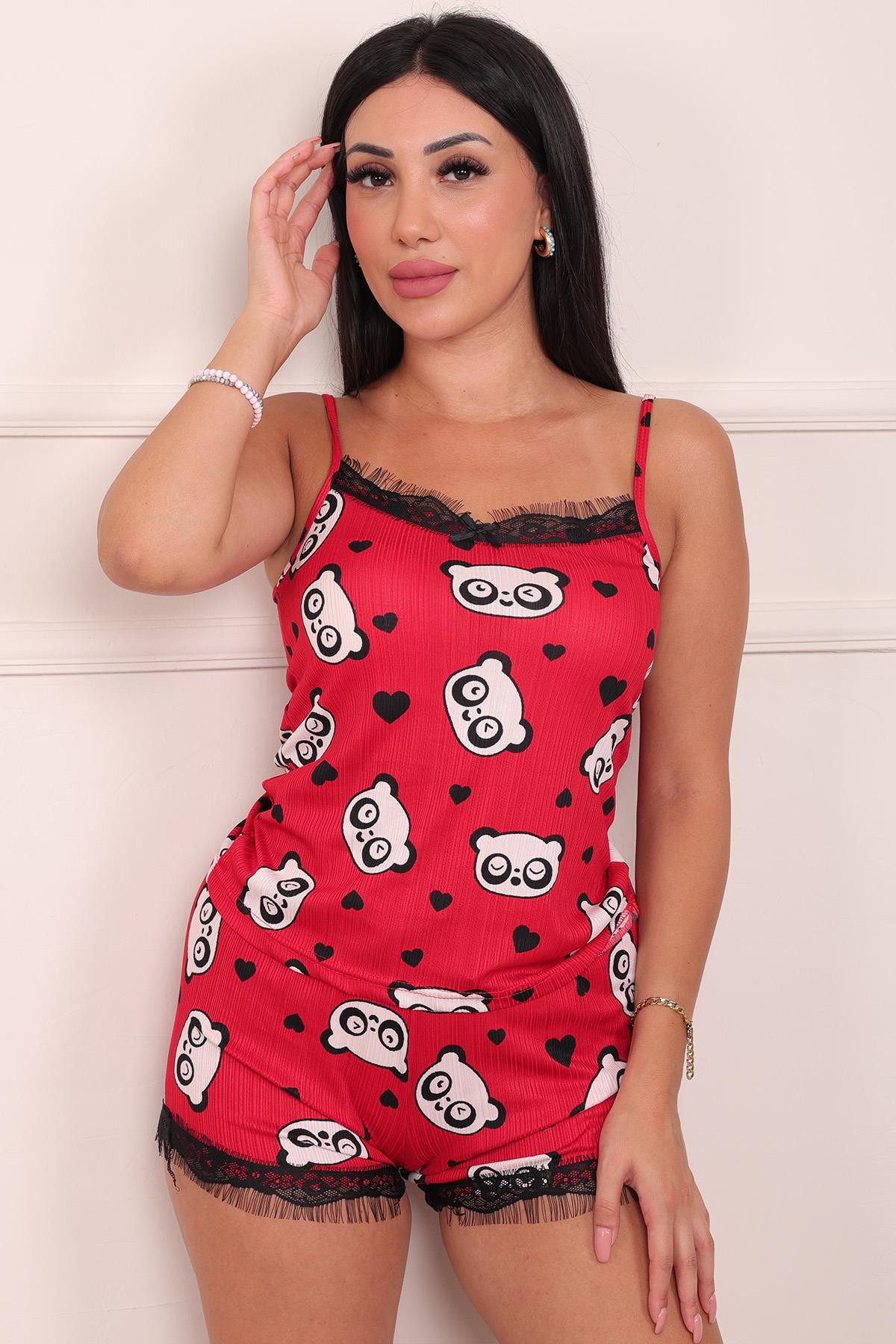 Kadın Panda Desenli Şortlu Pegasus Pijama Takım Kırmızı