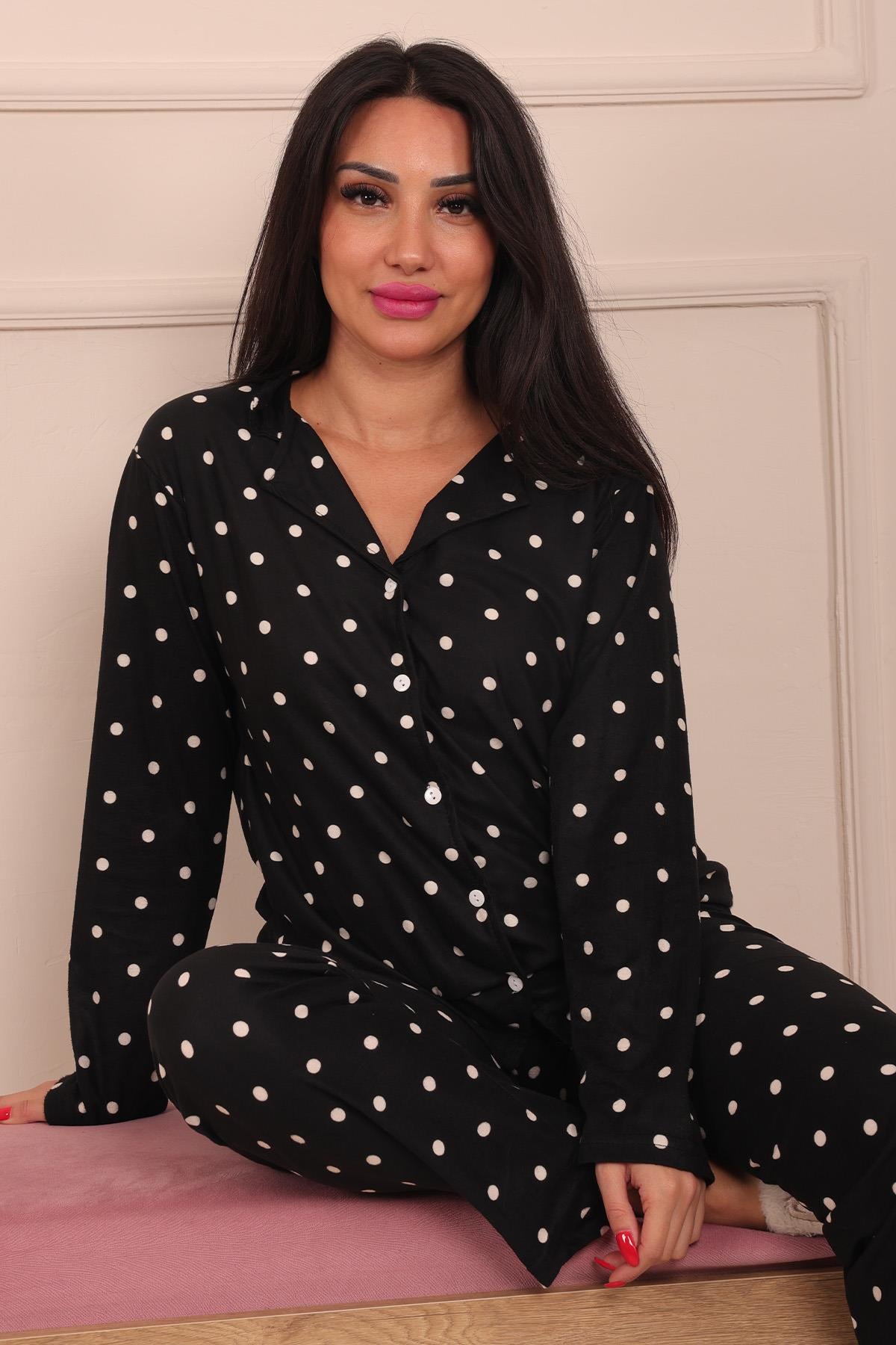 Kadın Puantiye Desenli Önü Düğmeli Uzun Kol Altı Uzun Süet Pijama Takımı