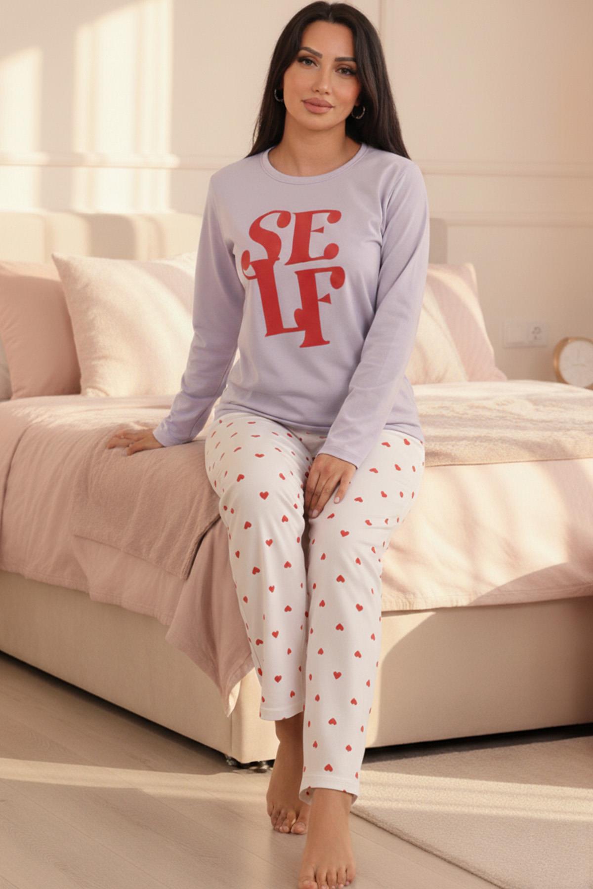 Kadın Self Sloganlı Altı Kalp Desenli  Bisiklet Yaka Uzun Kol Altı Uzun Penye Pijama Takımı