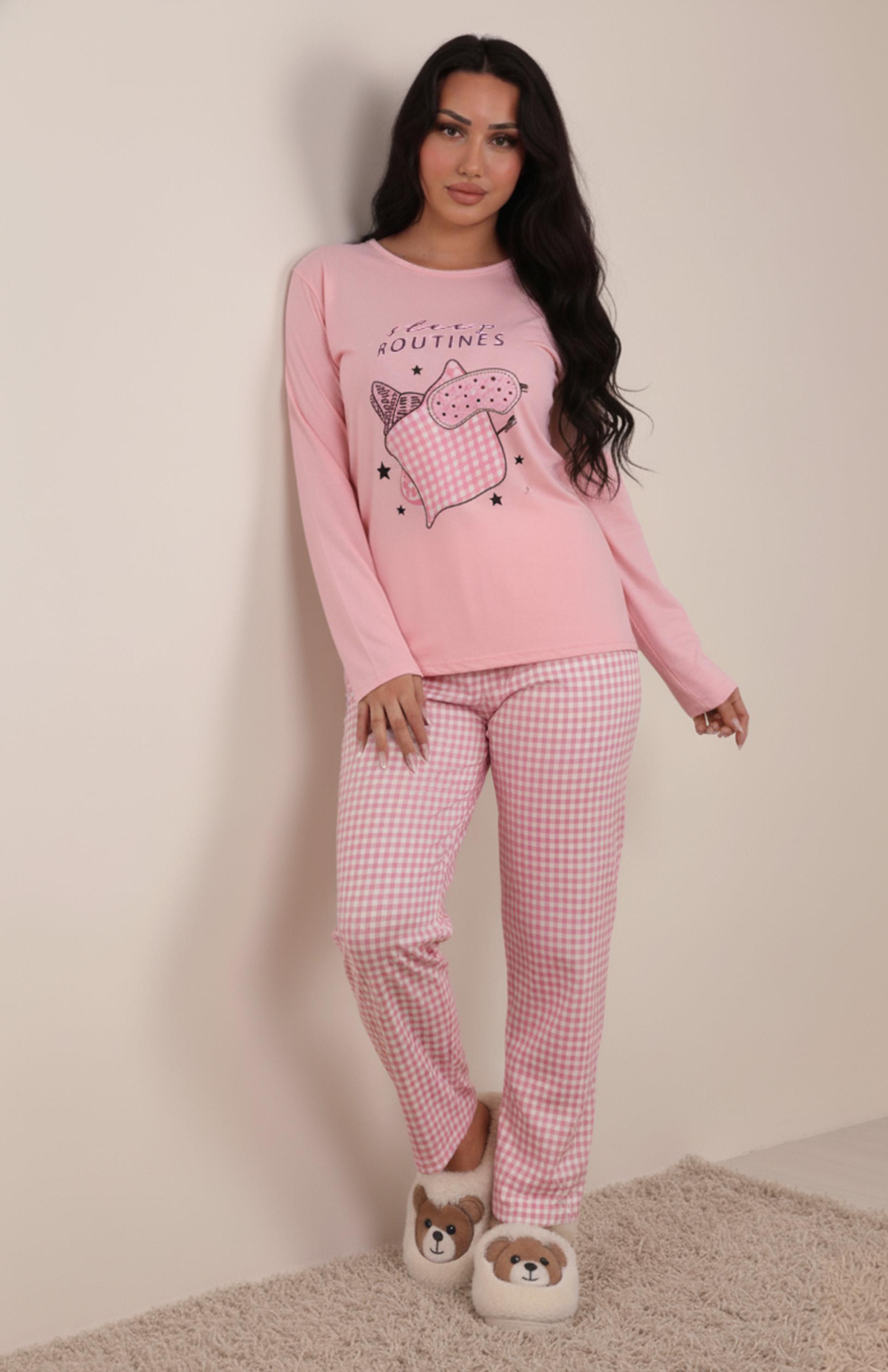 Kadın Sleep Routines Altı Desenli  İnterlok Bisiklet Yaka Uzun Kol Altı Uzun Pijama Takımı