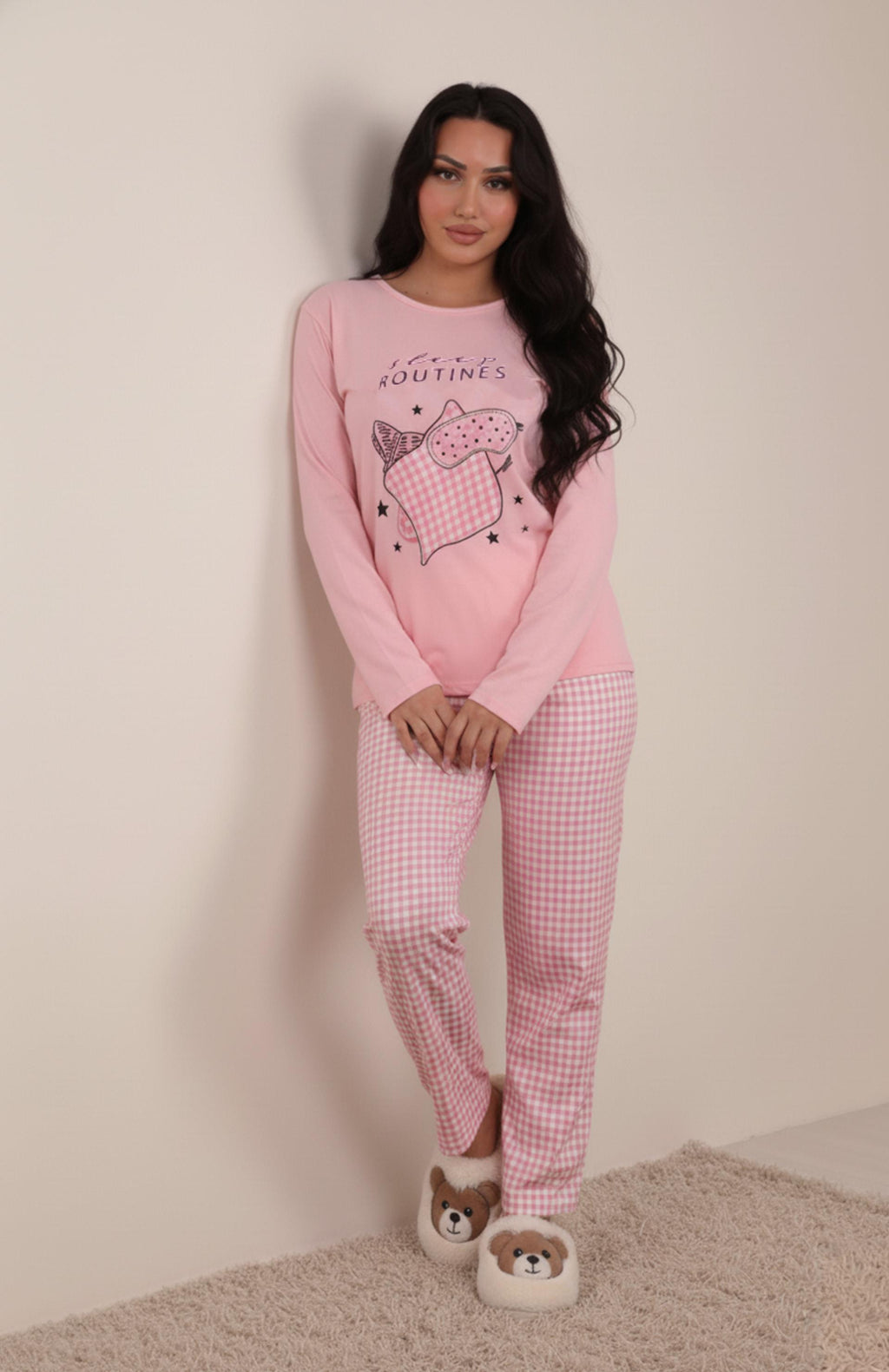 Kadın Sleep Routines Altı Desenli  İnterlok Bisiklet Yaka Uzun Kol Altı Uzun Pijama Takımı