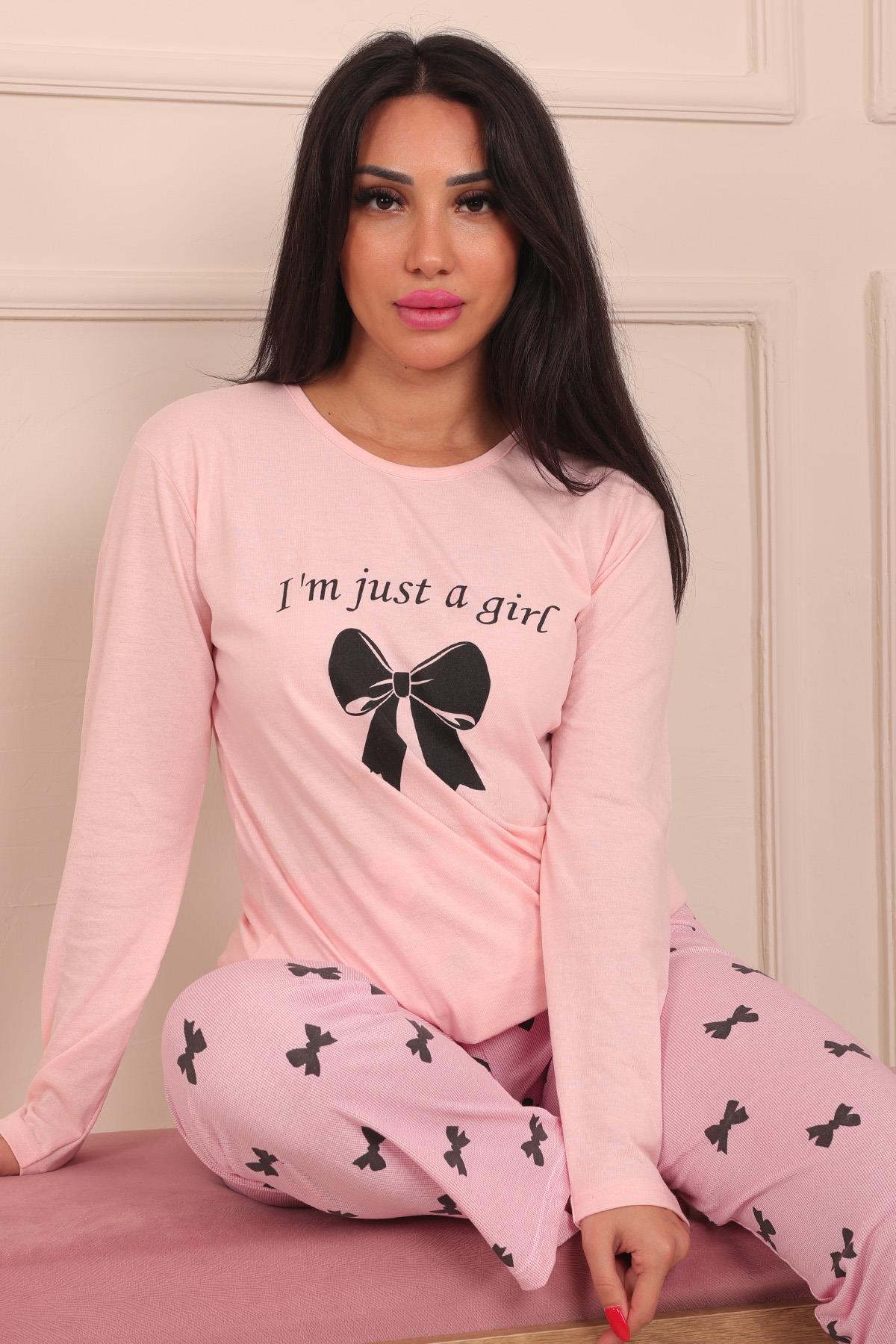 Kadın Sloganlı Kurdele Baskılı Bisiklet Yaka Uzun Kol Altı Uzun Penye Pijama Takımı