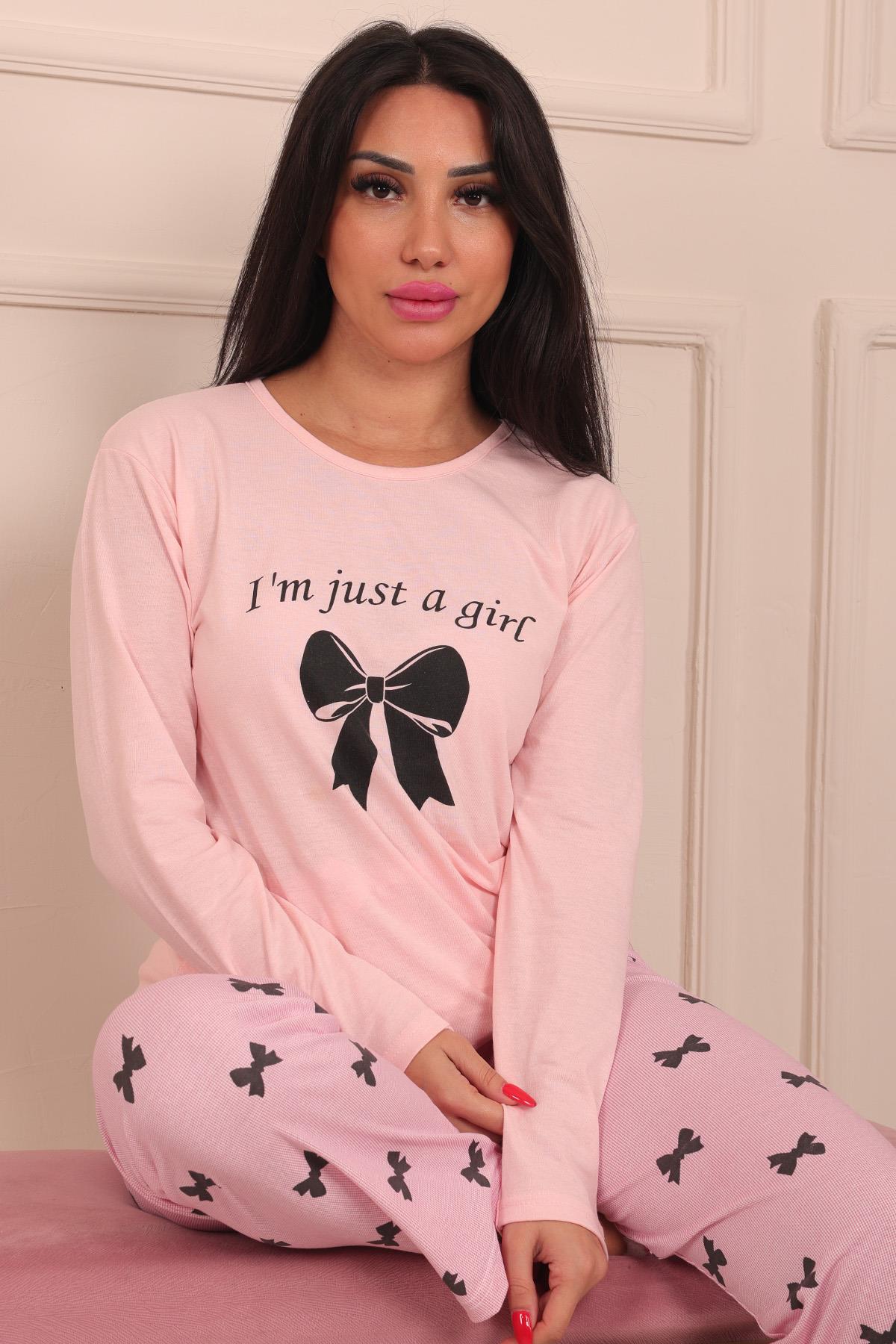 Kadın Sloganlı Kurdele Baskılı Bisiklet Yaka Uzun Kol Altı Uzun Penye Pijama Takımı