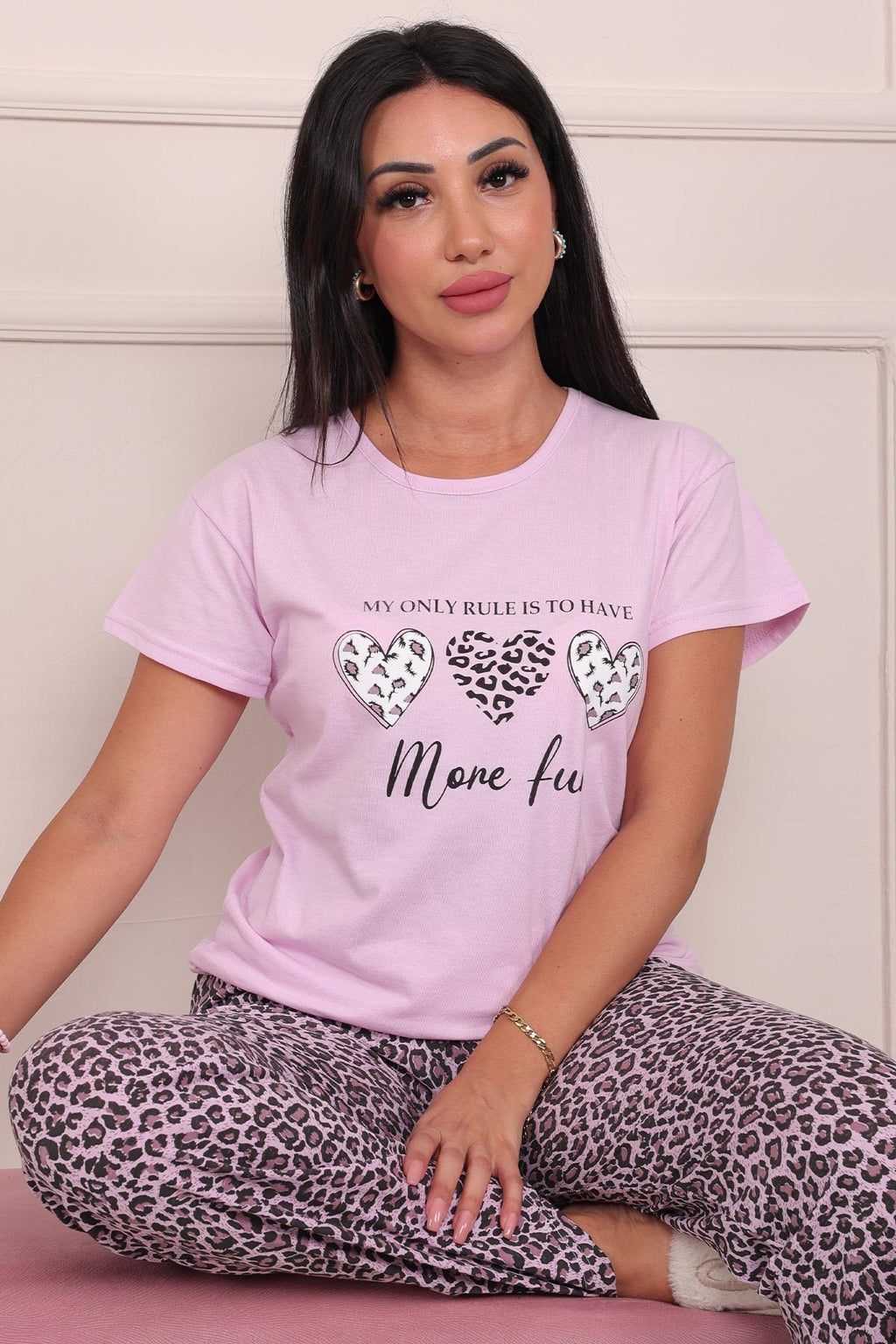 Kadın Sloganlı Leopar Desenli Kısa Kol Altı Uzun Penye Pijama Takımı Lila