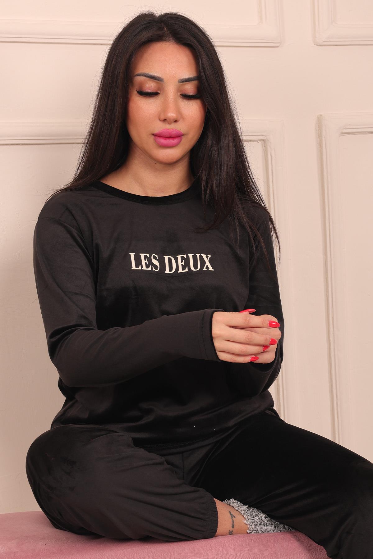 Kadın Sloganlı Uzun Kollu Paçası Manşetli Kadife Pijama Takımı