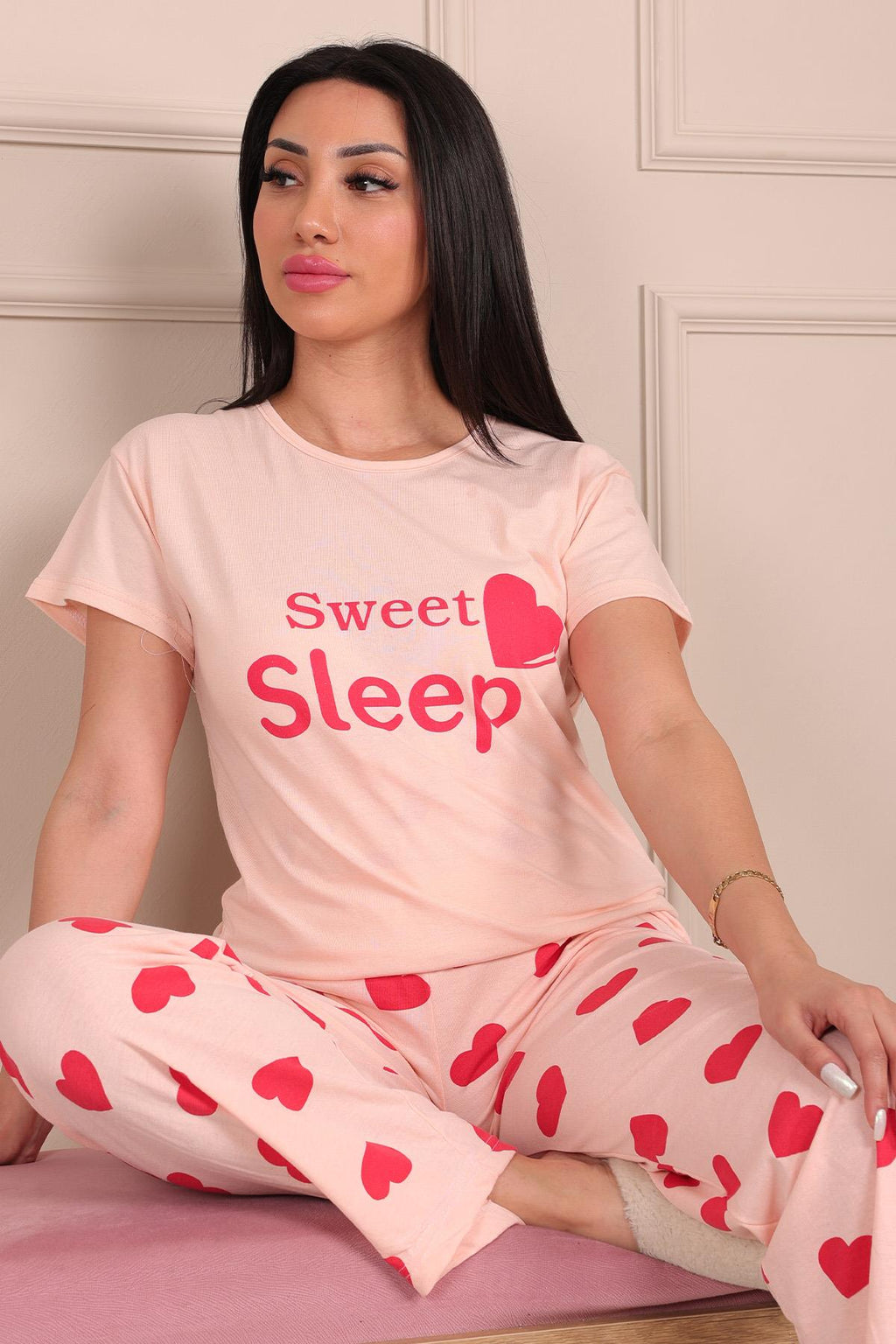Kadın Sweet Sleep Sloganlı Bisiklet Yaka Kısa Kol Altı Uzun Penye Pijama Takımı