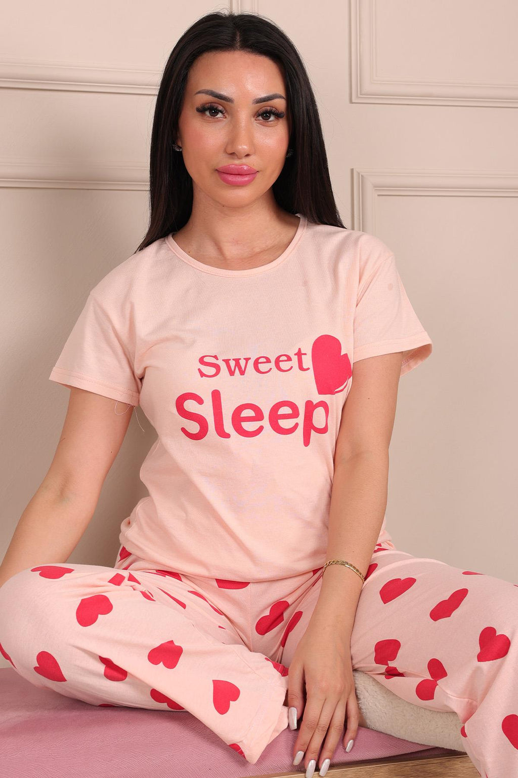Kadın Sweet Sleep Sloganlı Bisiklet Yaka Kısa Kol Altı Uzun Penye Pijama Takımı