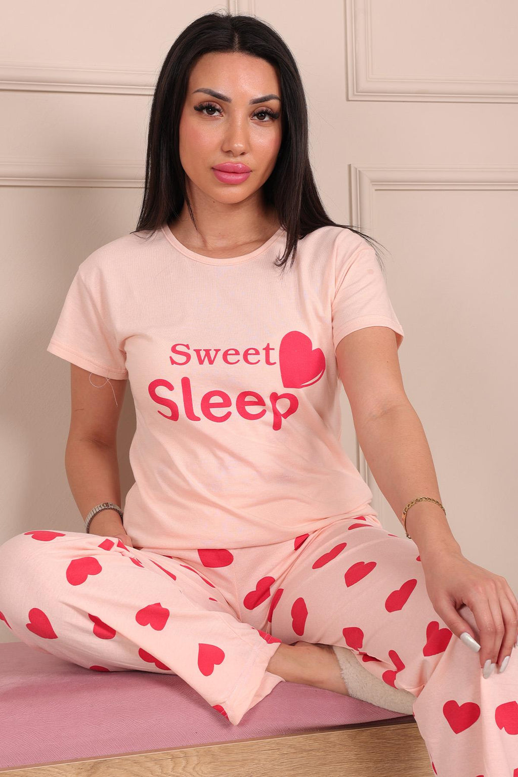 Kadın Sweet Sleep Sloganlı Bisiklet Yaka Kısa Kol Altı Uzun Penye Pijama Takımı