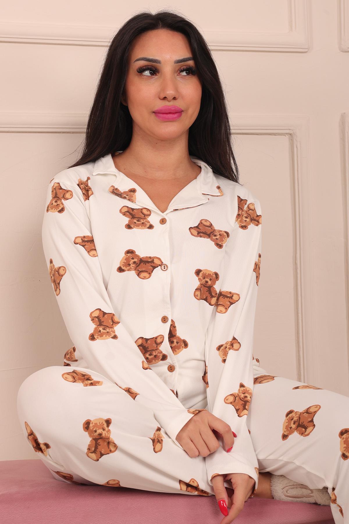 Kadın Teddy Bear Desenli Önü Düğmeli Uzun Kol Altı Uzun Milan Kumaş Pijama Takımı