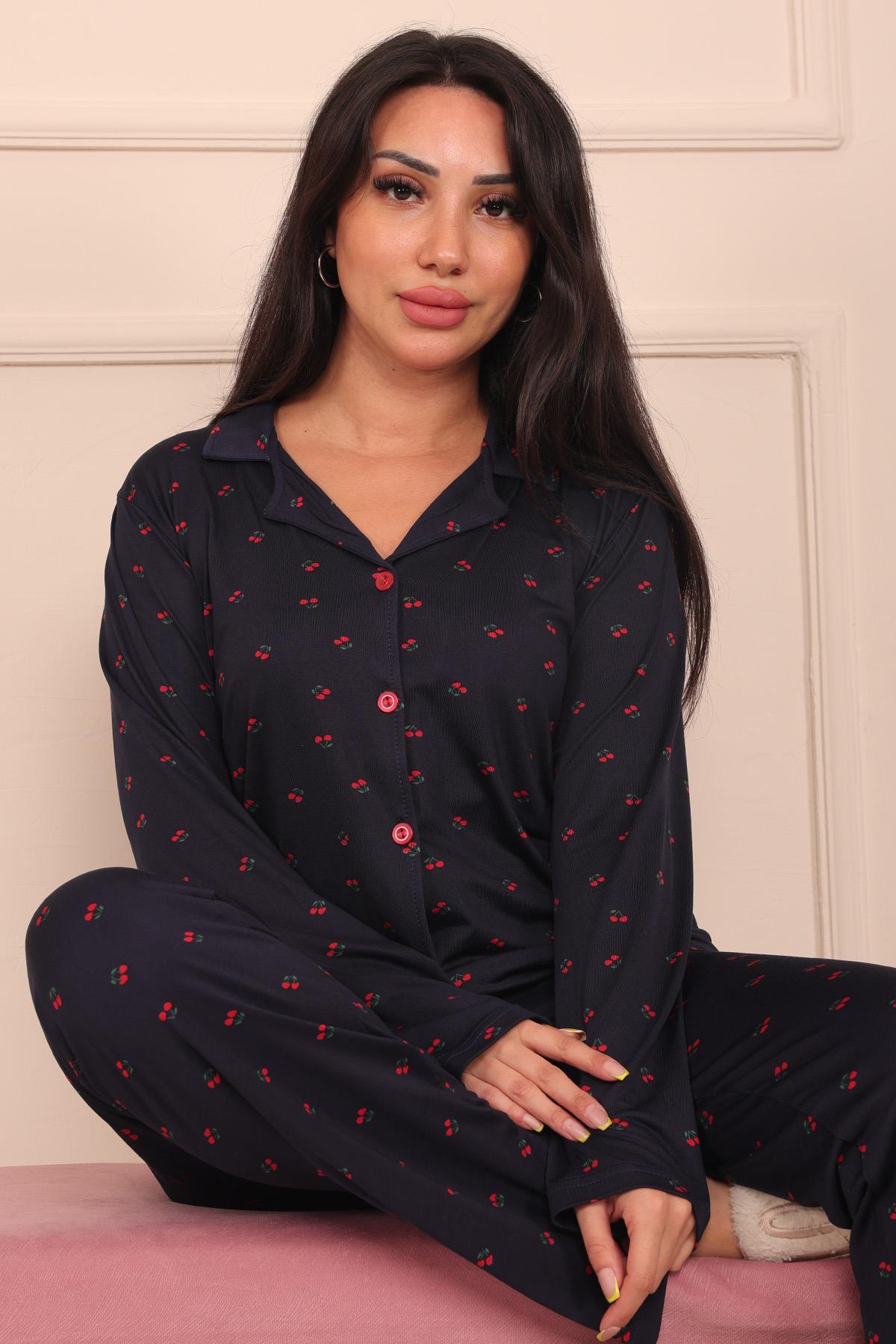 Kadın Vişne Desenli Desenli Önü Düğmeli Milan Kumaş Pijama Takımı