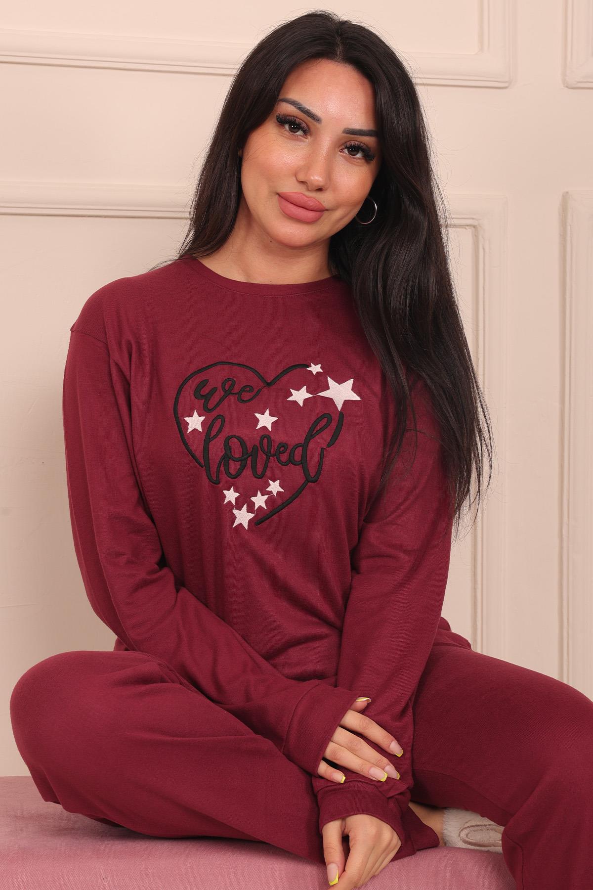 Kadın We Loved Sloganlı Ve Altı Yıldız Desenli Termal Pijama Takımı