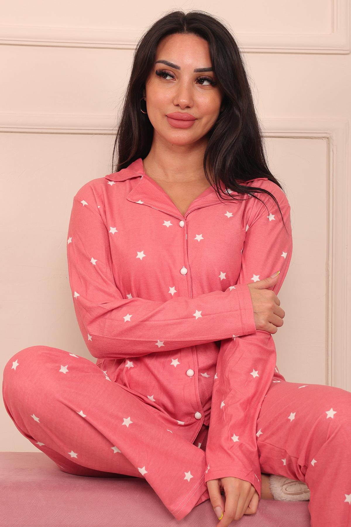 Kadın Yıldız  Desenli Önü Düğmeli Uzun Kol Altı Uzun Süet Pijama Takımı