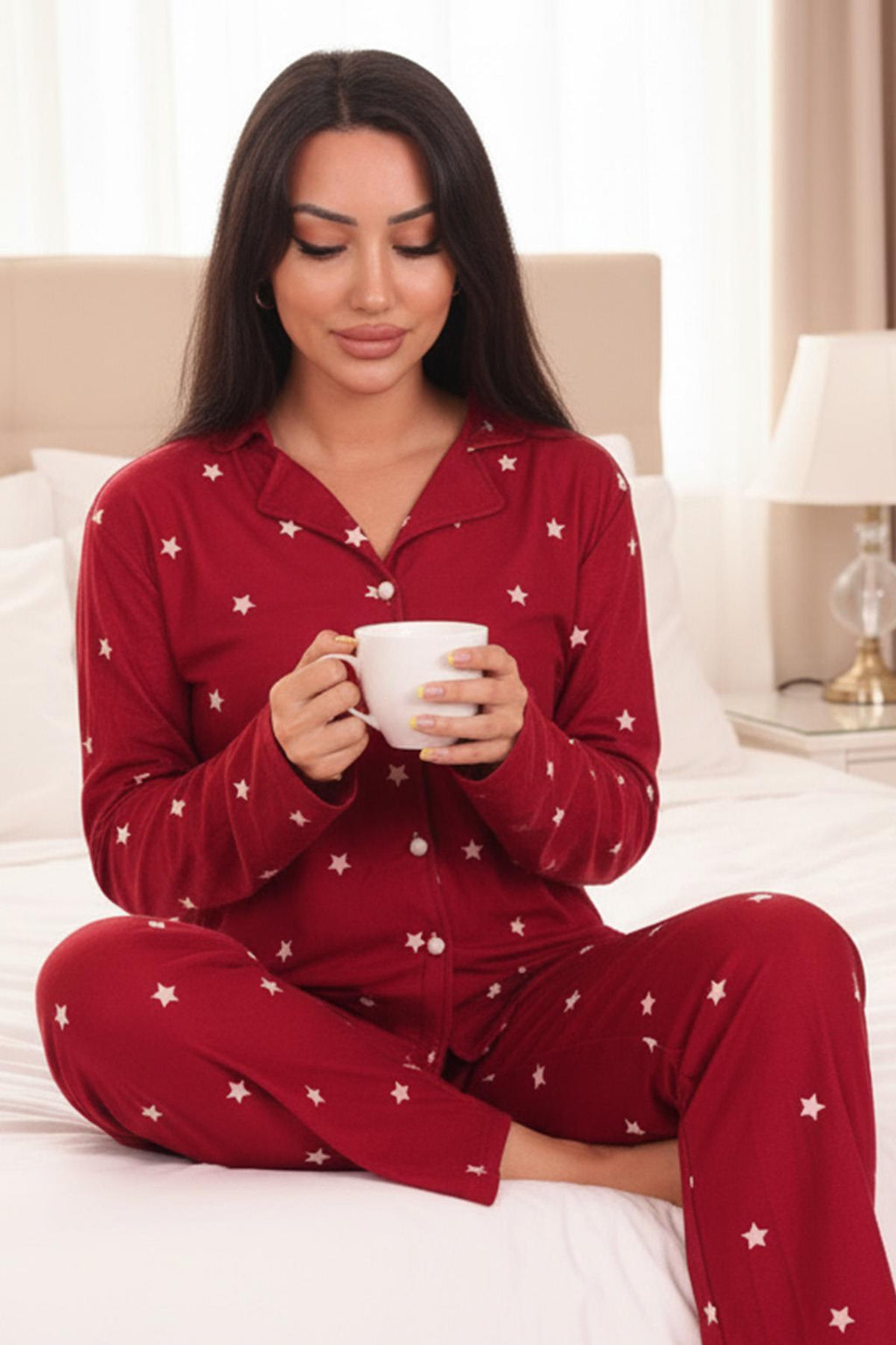 Kadın Yıldız Desenli Önü Düğmeli Uzun Kol Altı Uzun Süet Pijama Takımı