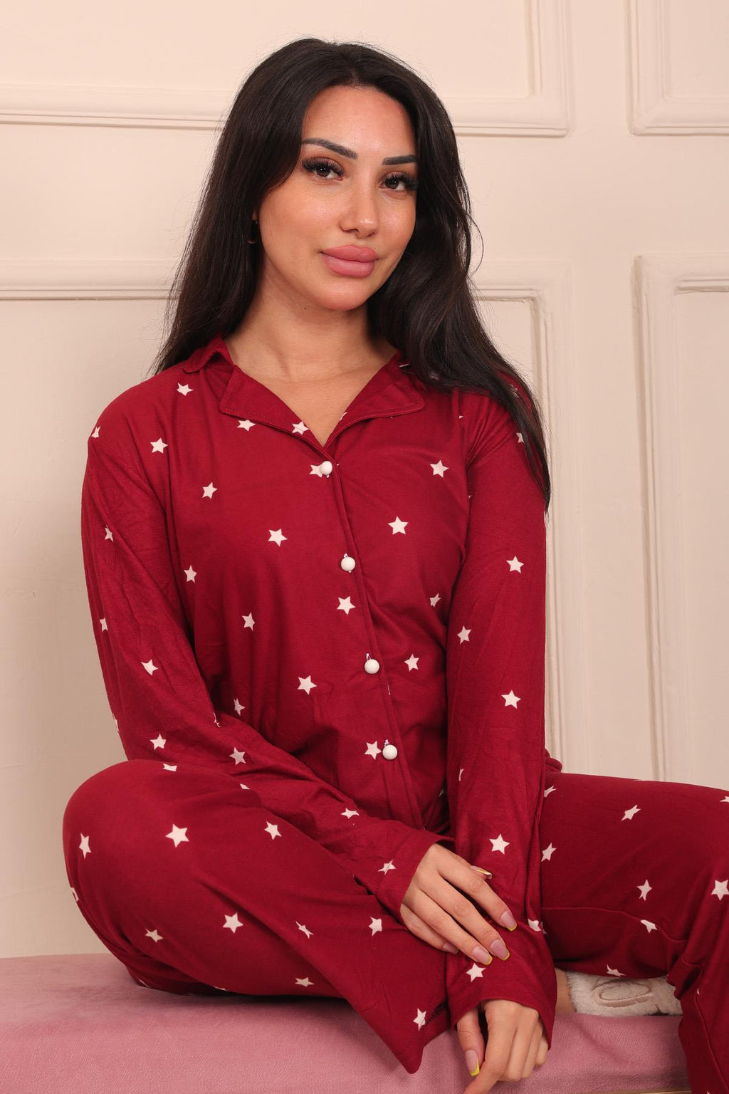 Kadın Yıldız Desenli Önü Düğmeli Uzun Kol Altı Uzun Süet Pijama Takımı