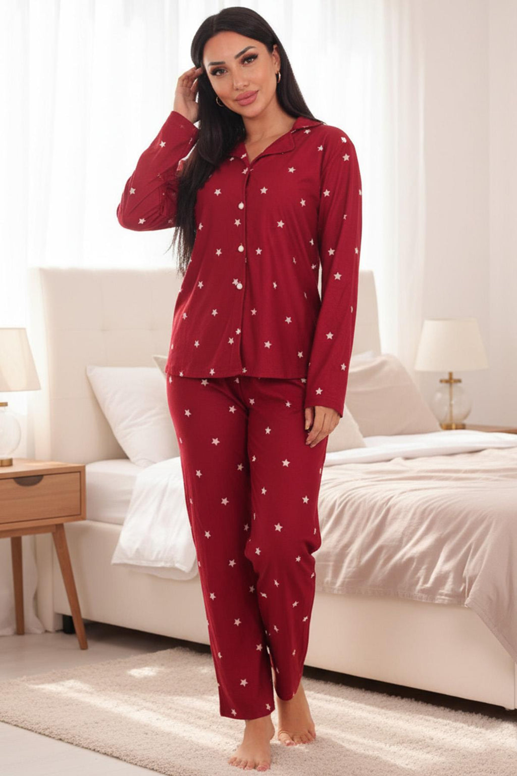 Kadın Yıldız Desenli Önü Düğmeli Uzun Kol Altı Uzun Süet Pijama Takımı