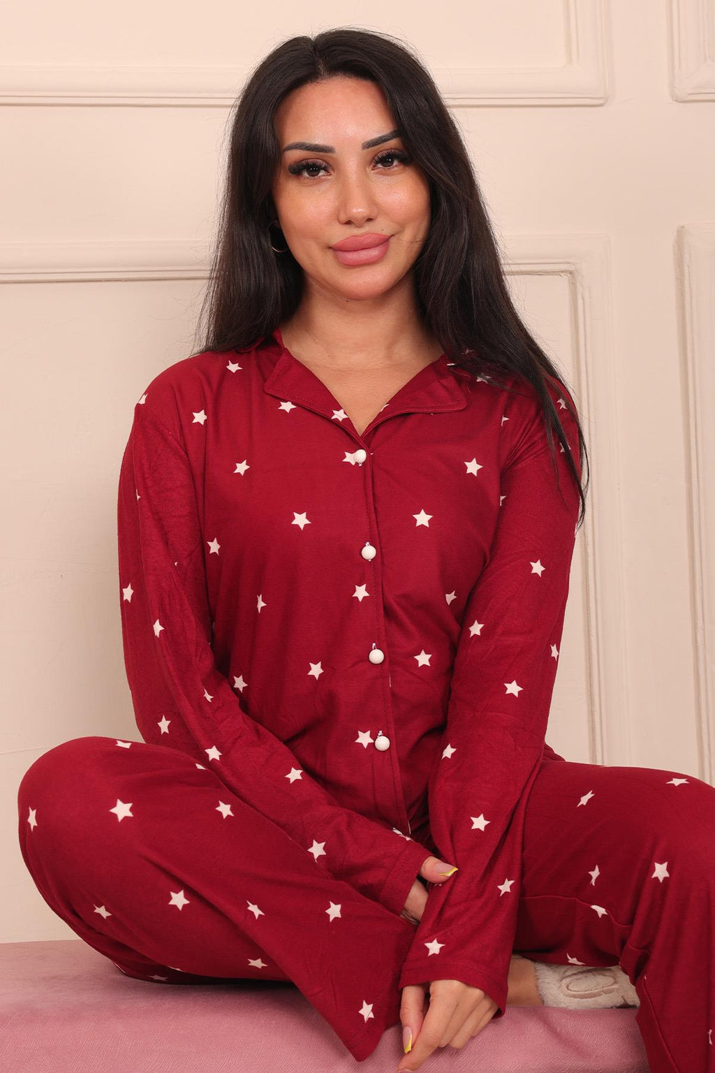 Kadın Yıldız Desenli Önü Düğmeli Uzun Kol Altı Uzun Süet Pijama Takımı