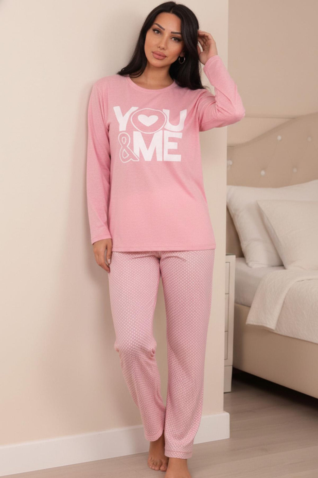 Kadın You And Me Sloganlı Bisiklet Yaka Uzun Kol Altı Uzun Penye Pijama Takımı