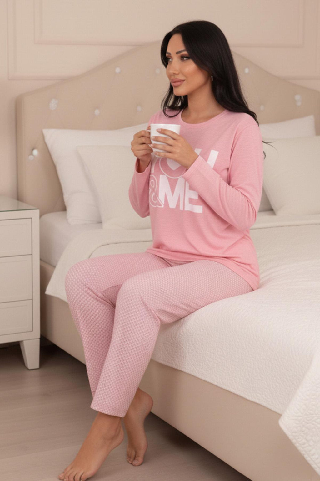 Kadın You And Me Sloganlı Bisiklet Yaka Uzun Kol Altı Uzun Penye Pijama Takımı