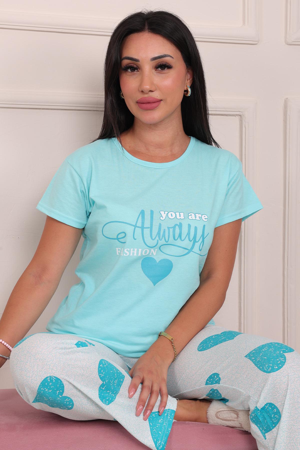 Kadın You Are Always Fashion Sloganlı  Kısa Kol Altı Uzun Penye Pijama Takımı Turkuaz