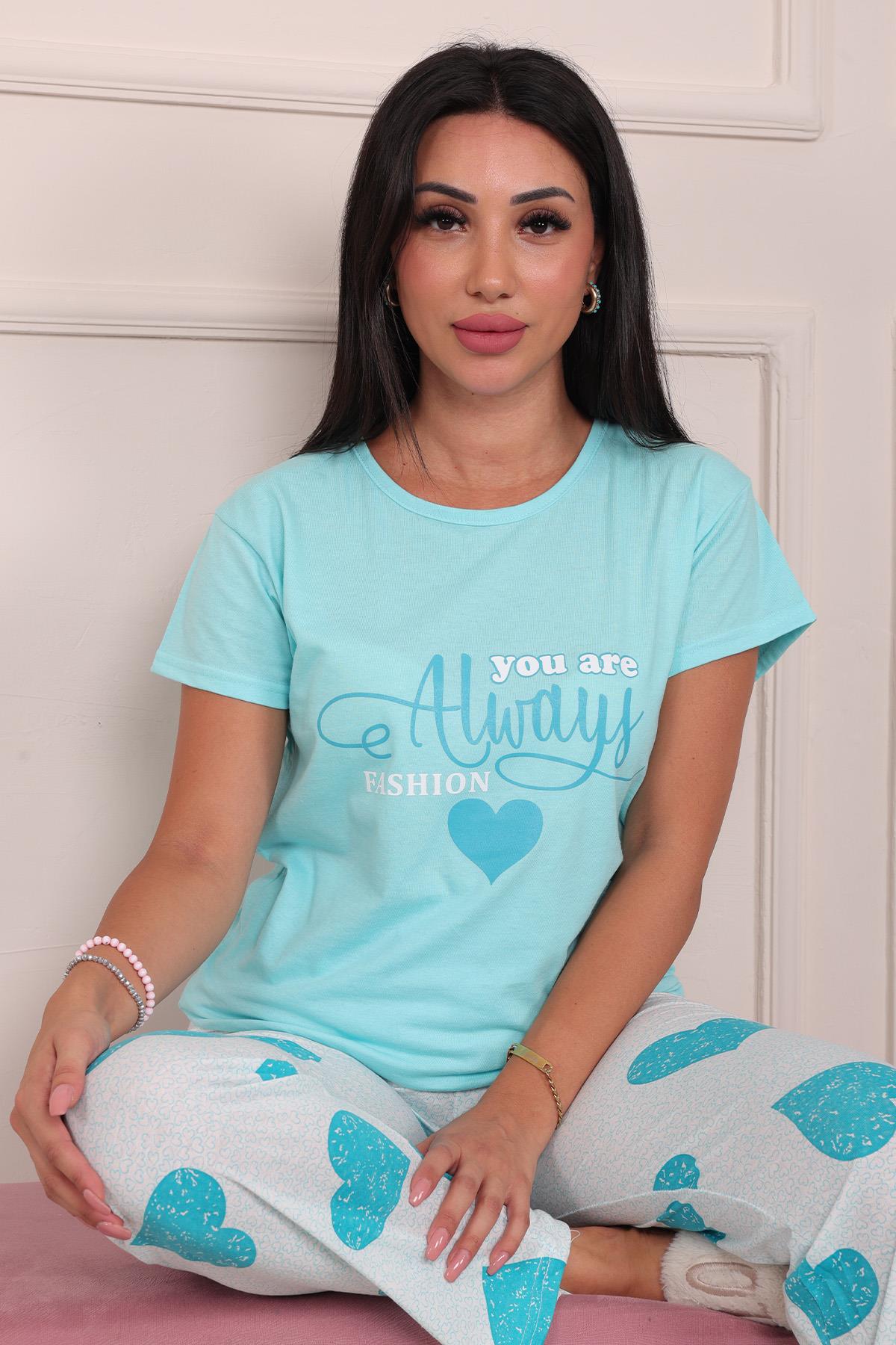 Kadın You Are Always Fashion Sloganlı  Kısa Kol Altı Uzun Penye Pijama Takımı Turkuaz