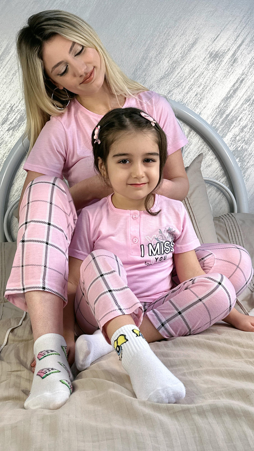 Pembe Kareli Üç Düğme Anne Pijama Takımı PEMBE