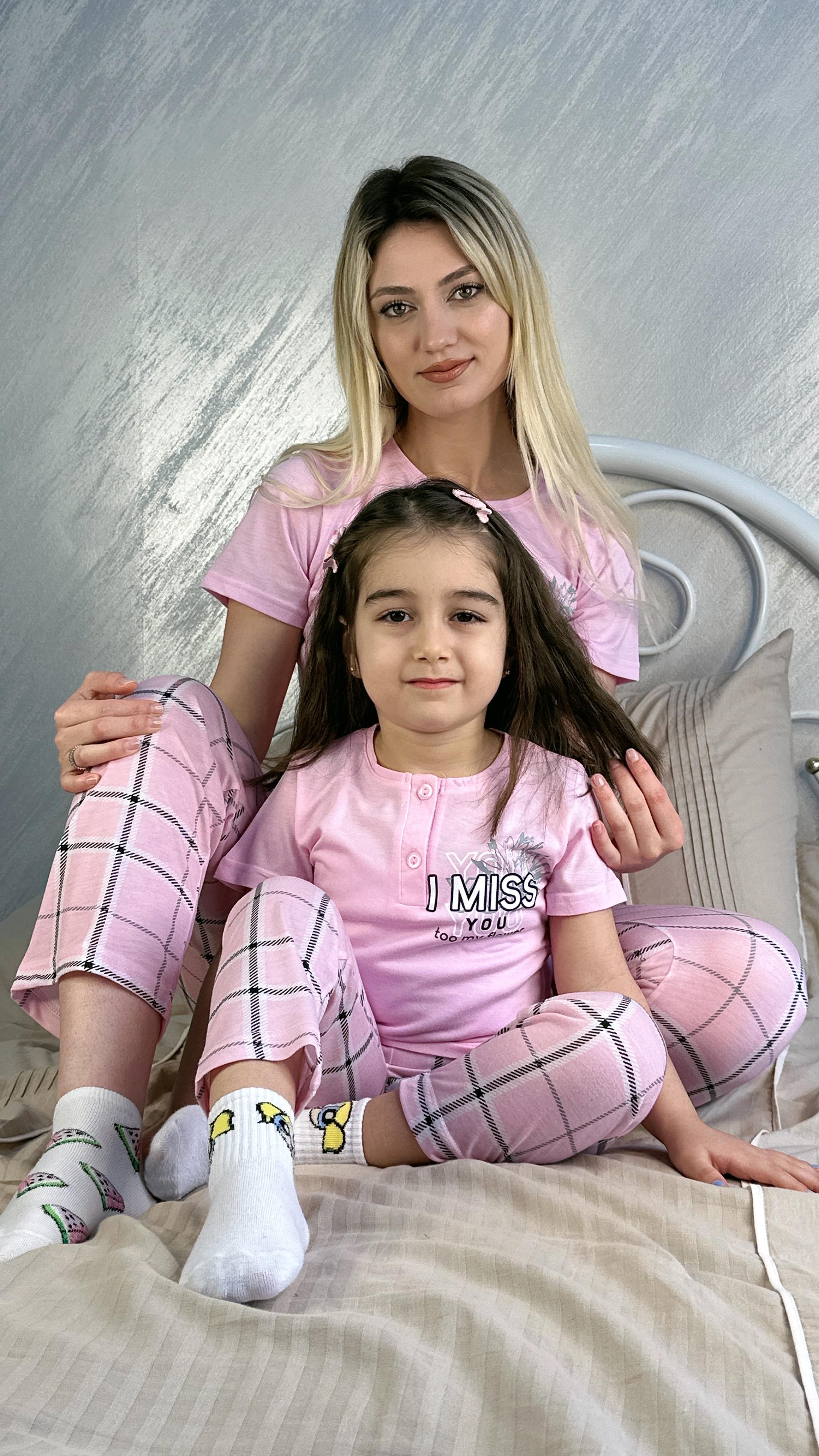 Pembe Kareli Üç Düğme Anne Pijama Takımı PEMBE