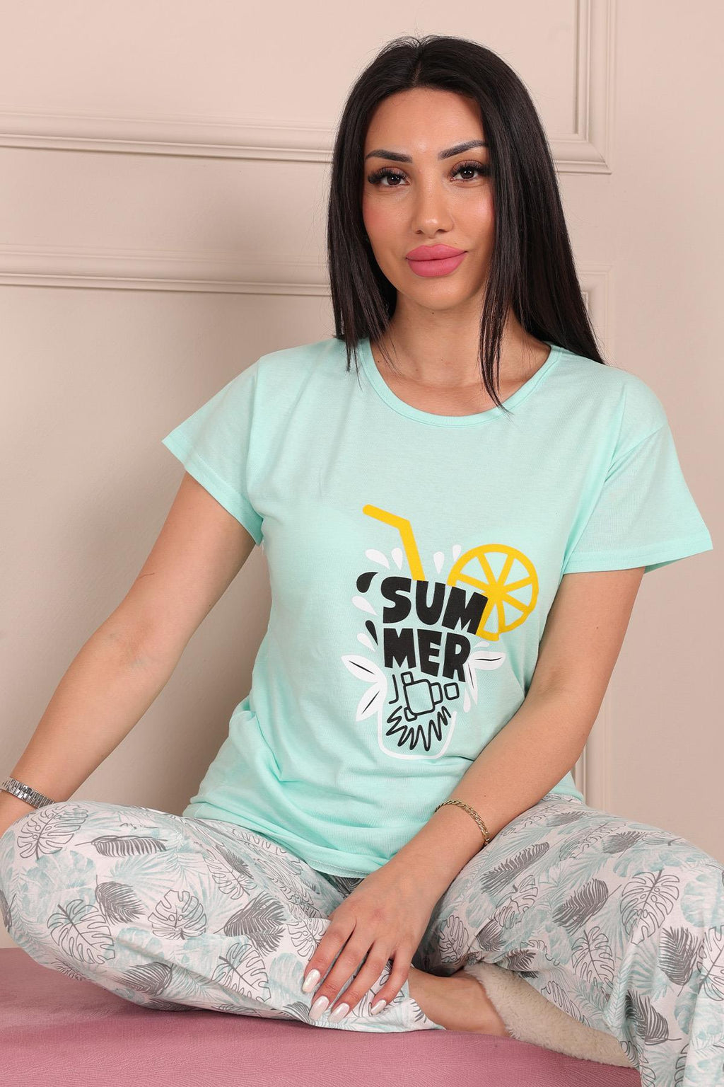 Summer Sloganlı Kısa Kol Alt Uzun Pijama Takımı TURKUAZ