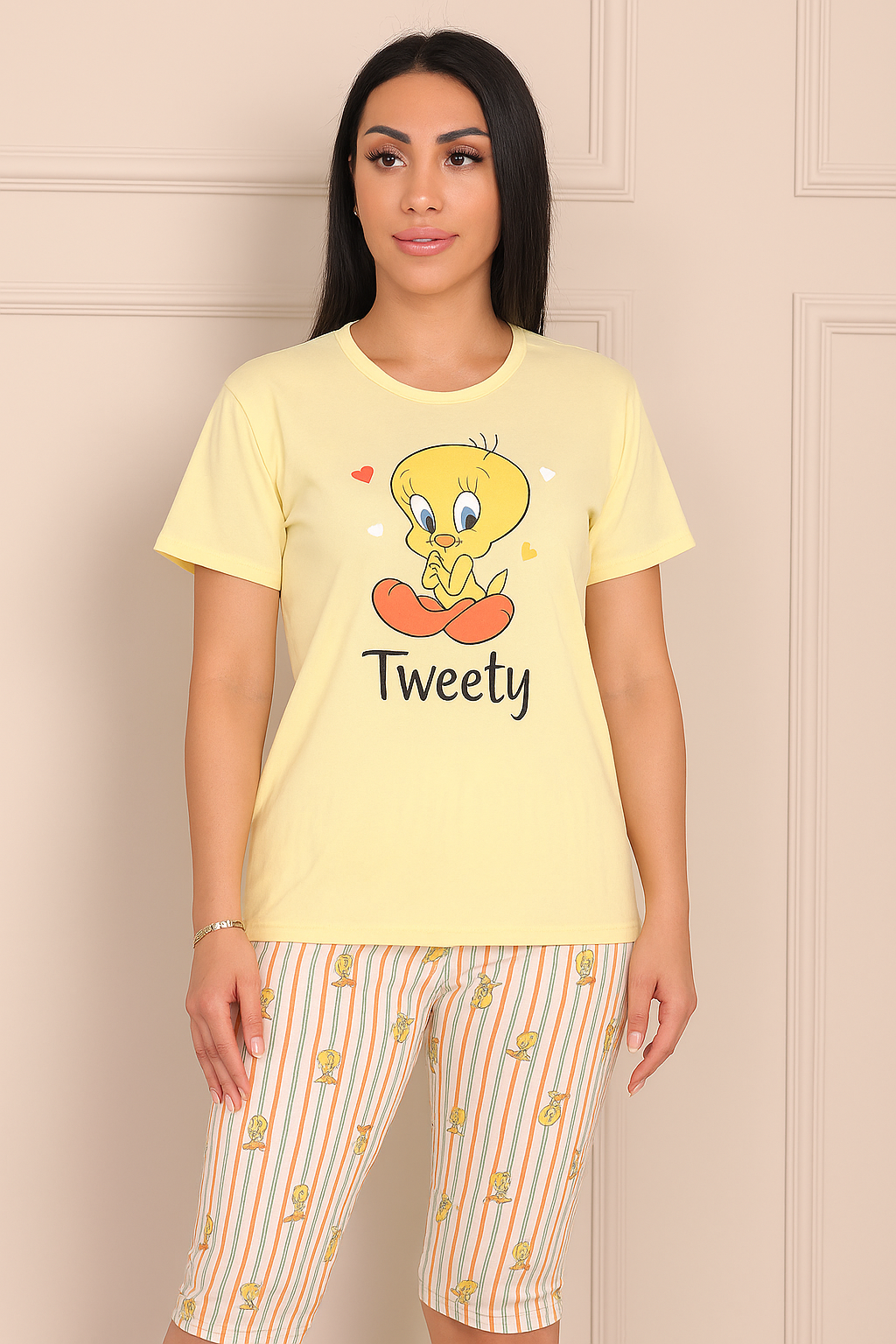 Tweety Desenli Kısa Kol Altı Kapri  Pijama Takımı